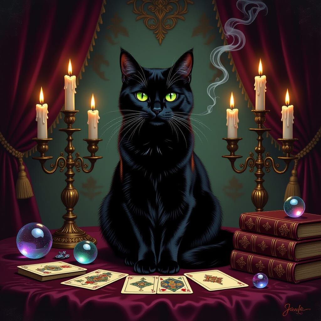 Gothic Black Cat in Victorian Séance Room