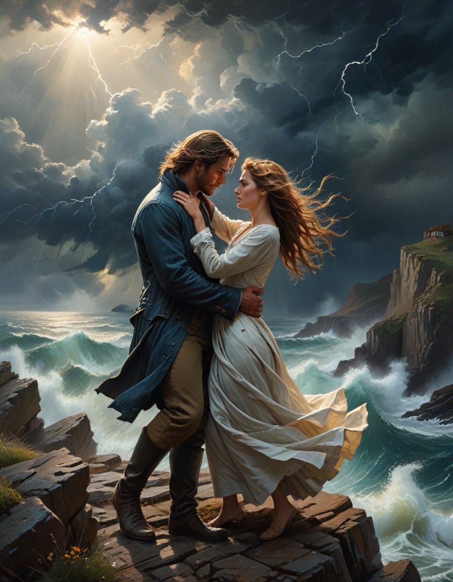 Passionate Embrace Amidst Storm in Romantic Oil Painting
