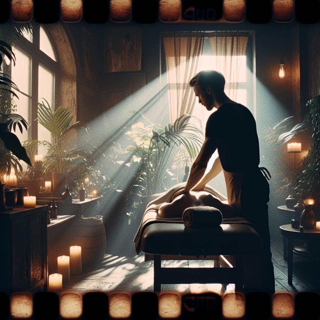 Cozy Massage Therapy Scene in Vintage Film Style