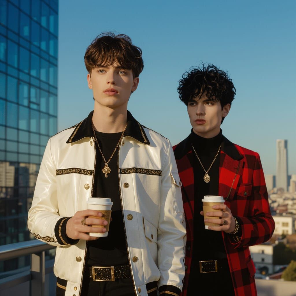 Two Stylish Men with Coffee in a Cinematic Cityscape