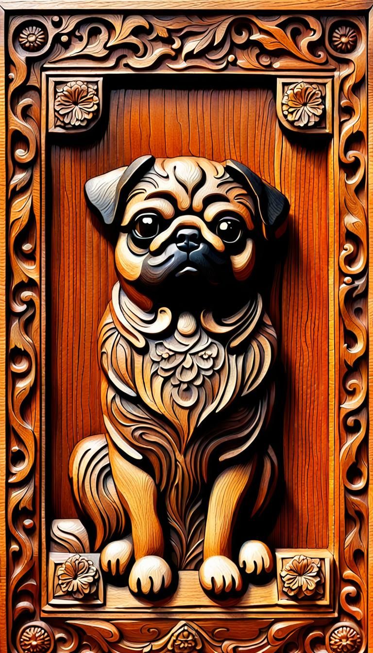 Ornate Wood Carving of a Pug in Frame