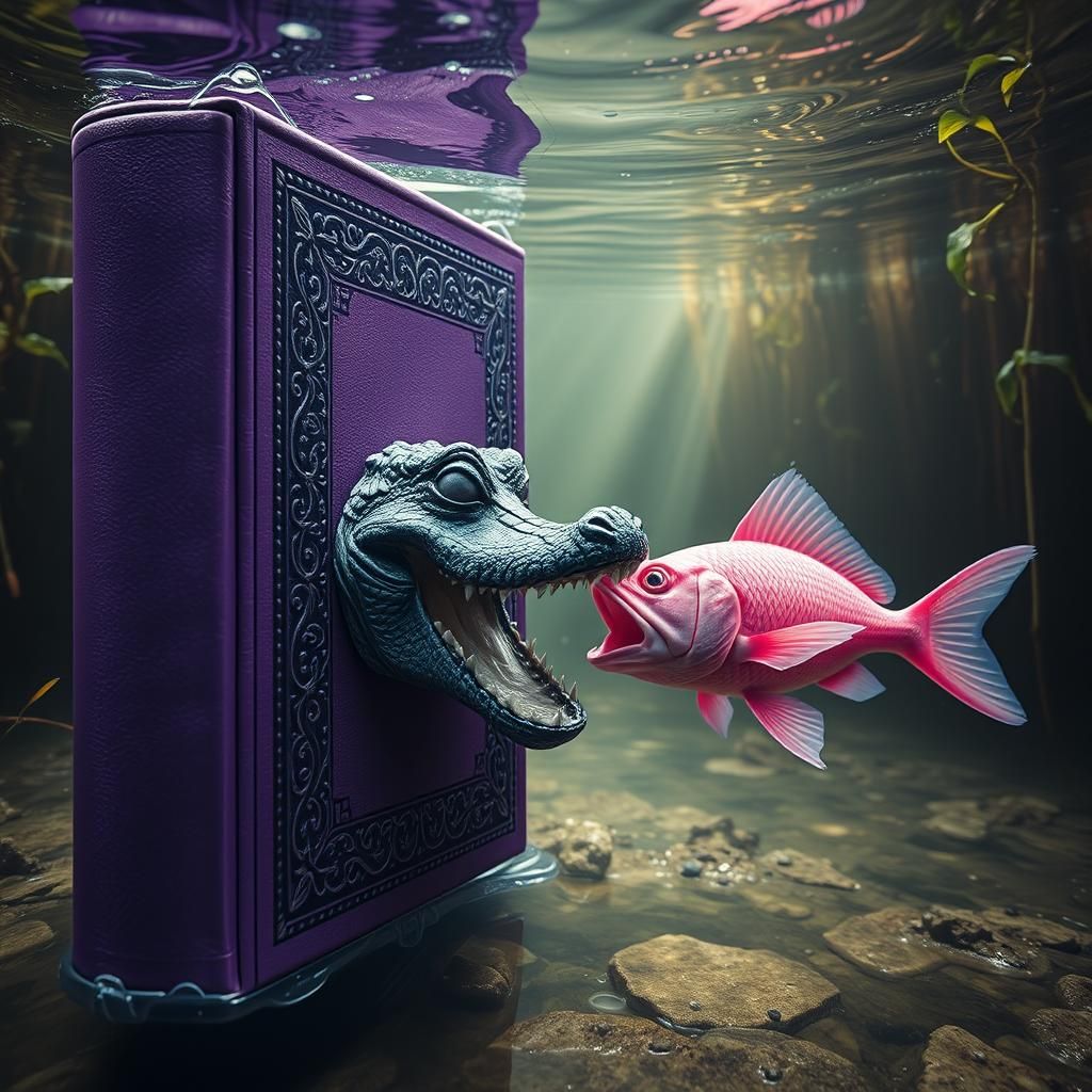 Enchanted Purple Book Underwater with Crocodile Face