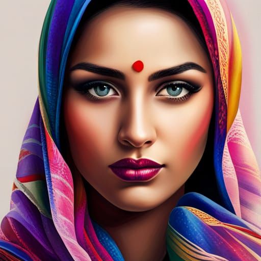Hyperreal Image of Young Indian Woman in Traditional Dress