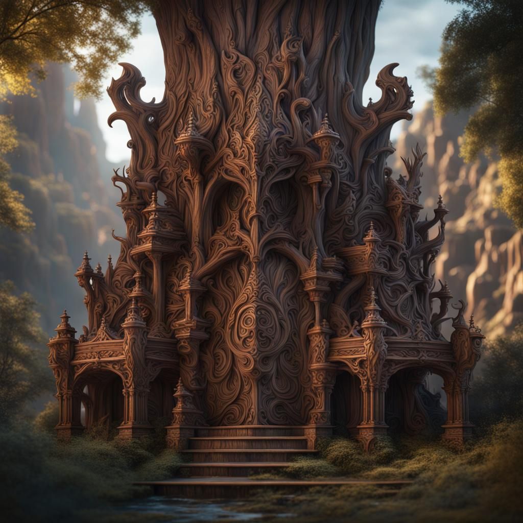 Detailed Wood Sculpture: Fantasy Concept Art