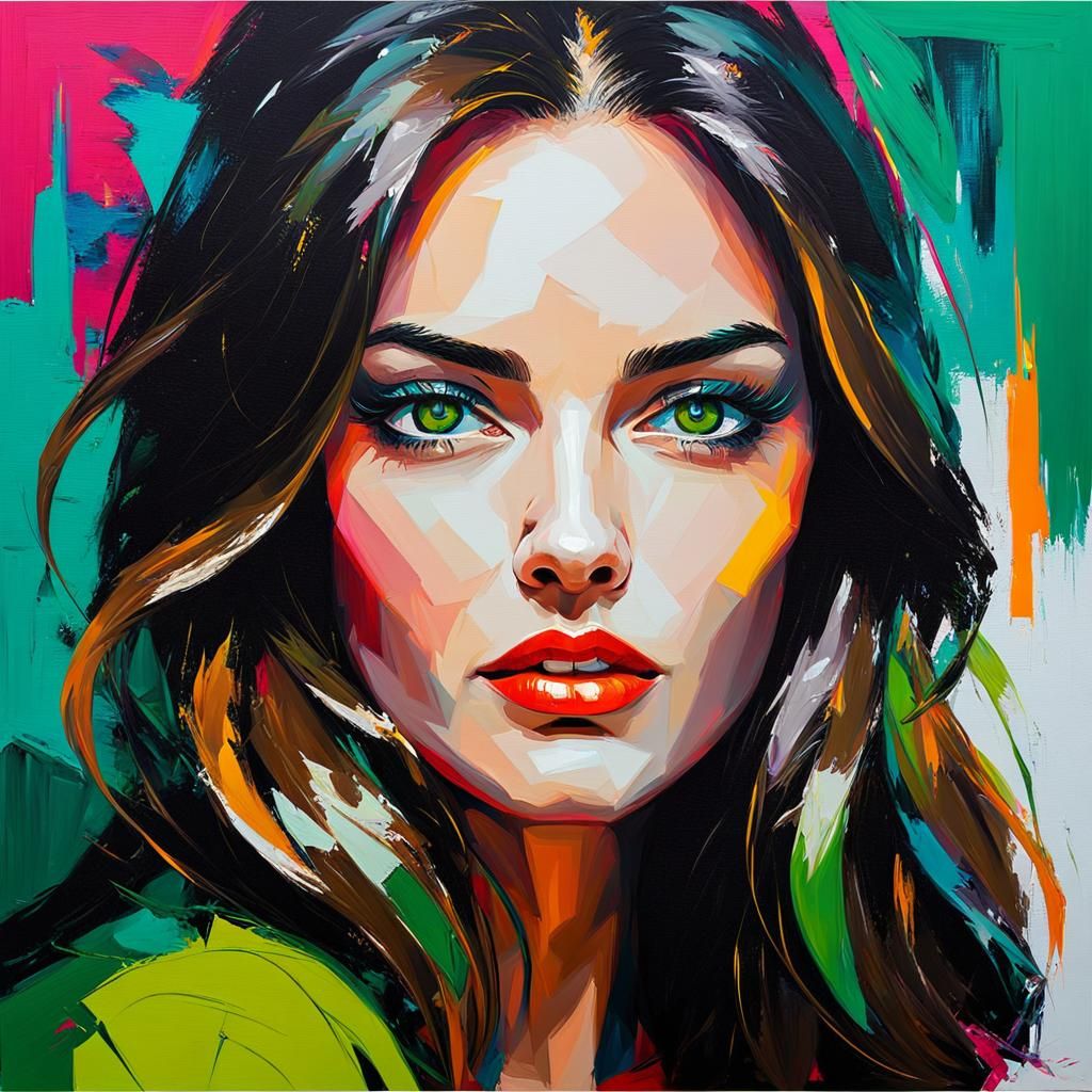Colorful Impasto Oil Painting of Woman with Green Eyes