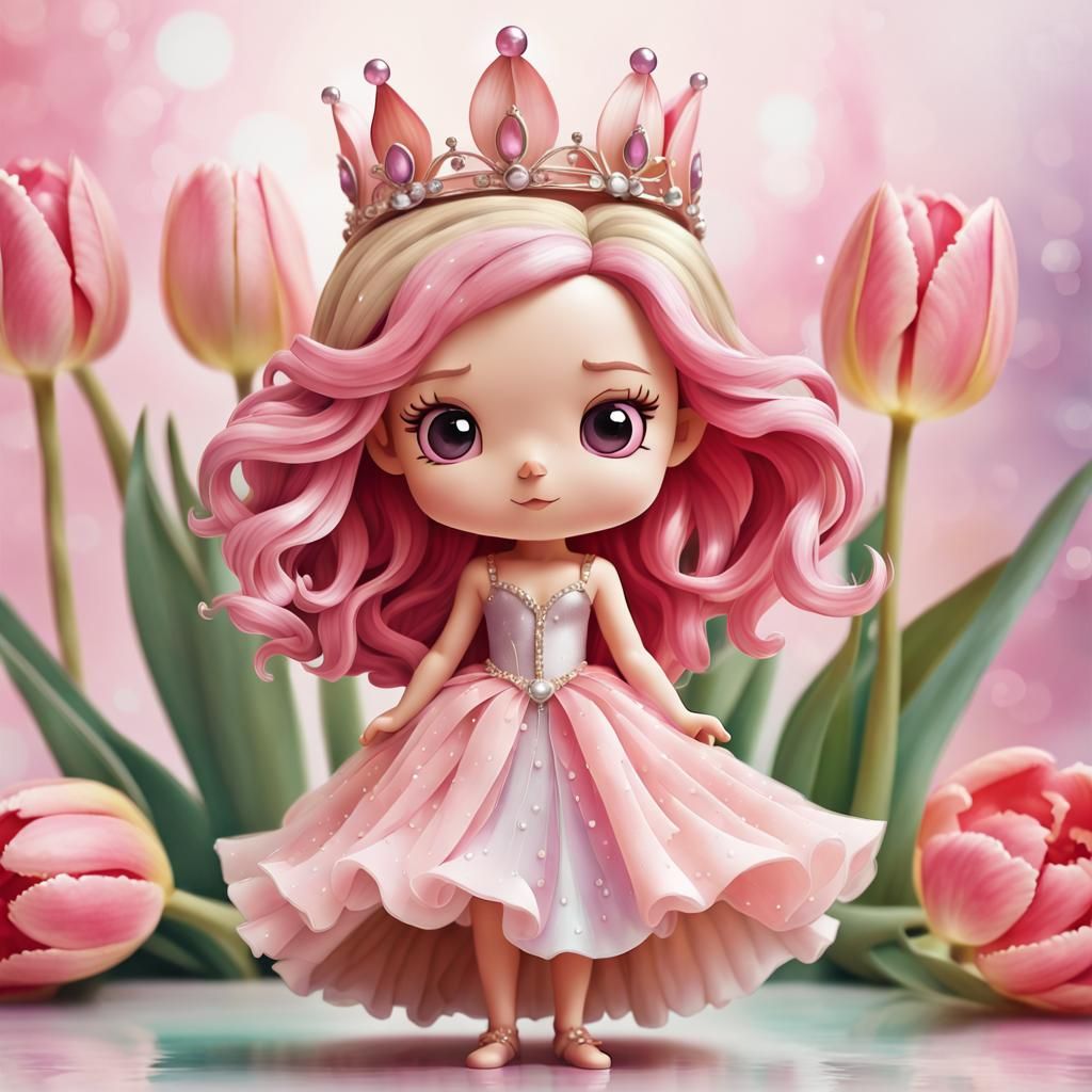 Cute Tulip Fairy in Pink Ballgown, Watercolor Concept Art