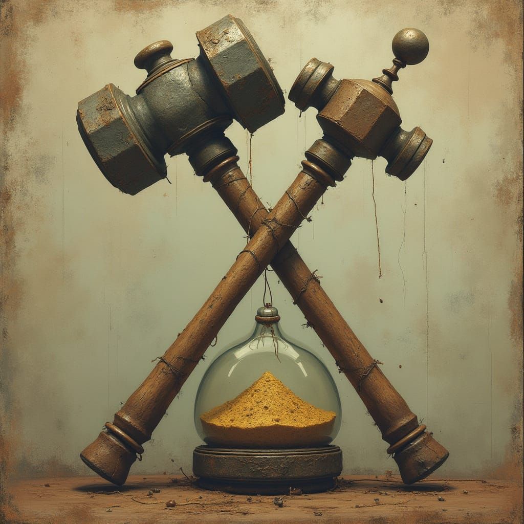 Hammer and Hourglass Intersection in Retro Sci-Fi Style