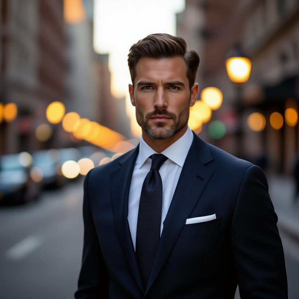 Man in Sharp Navy Suit with Dramatic Lighting