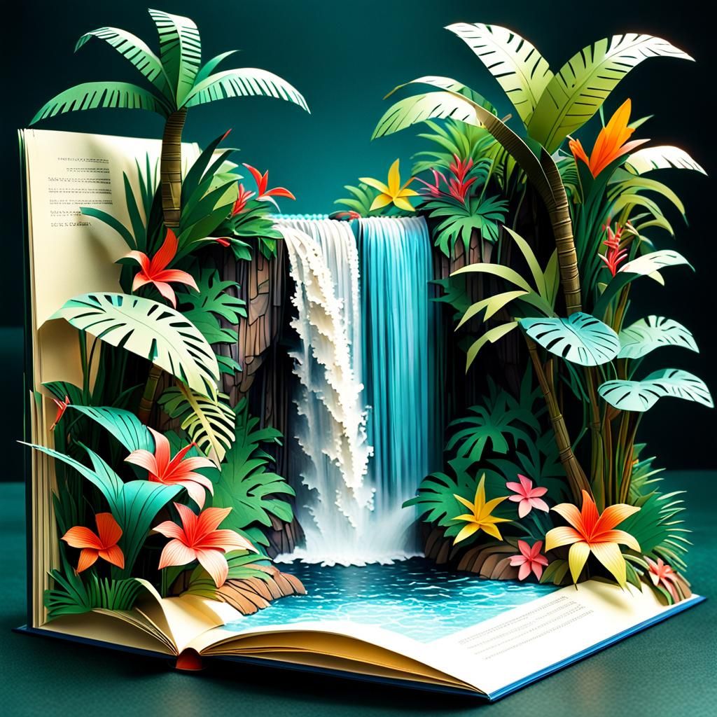 Tropical Waterfall Pop-Up Book in Hyperrealistic Detail