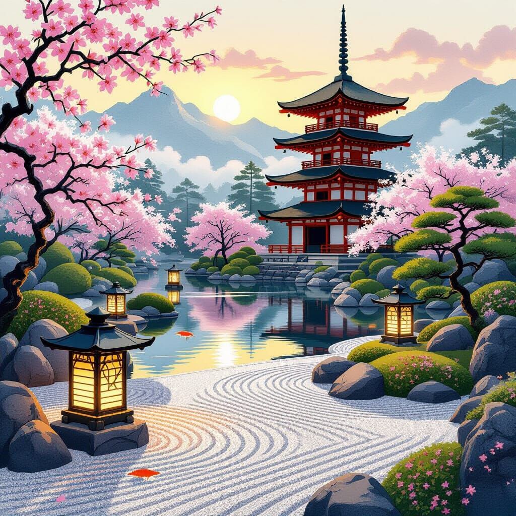 Sunrise in Japanese Garden with Pagoda