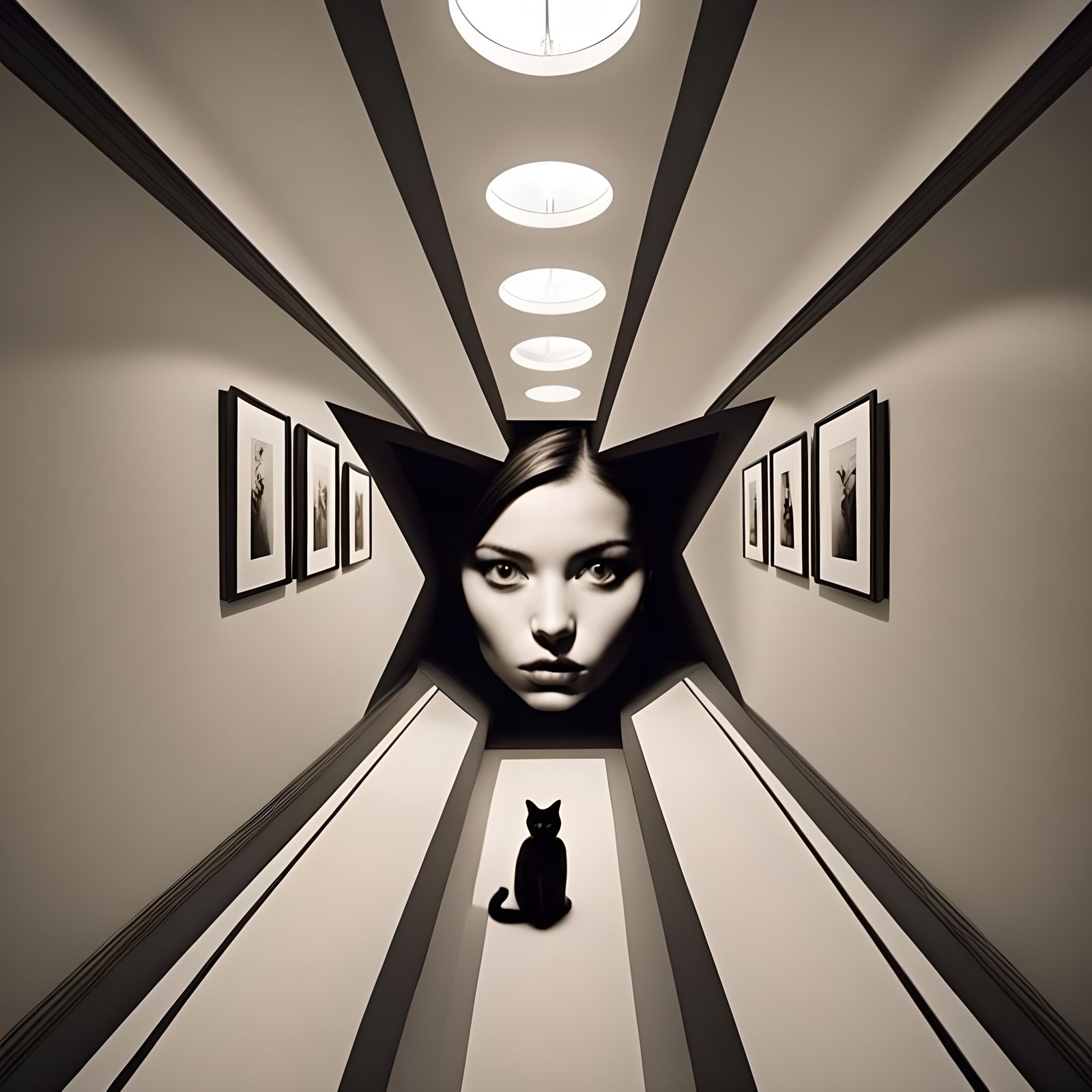 Optical Illusion: Woman, Cat, Endless Hallways