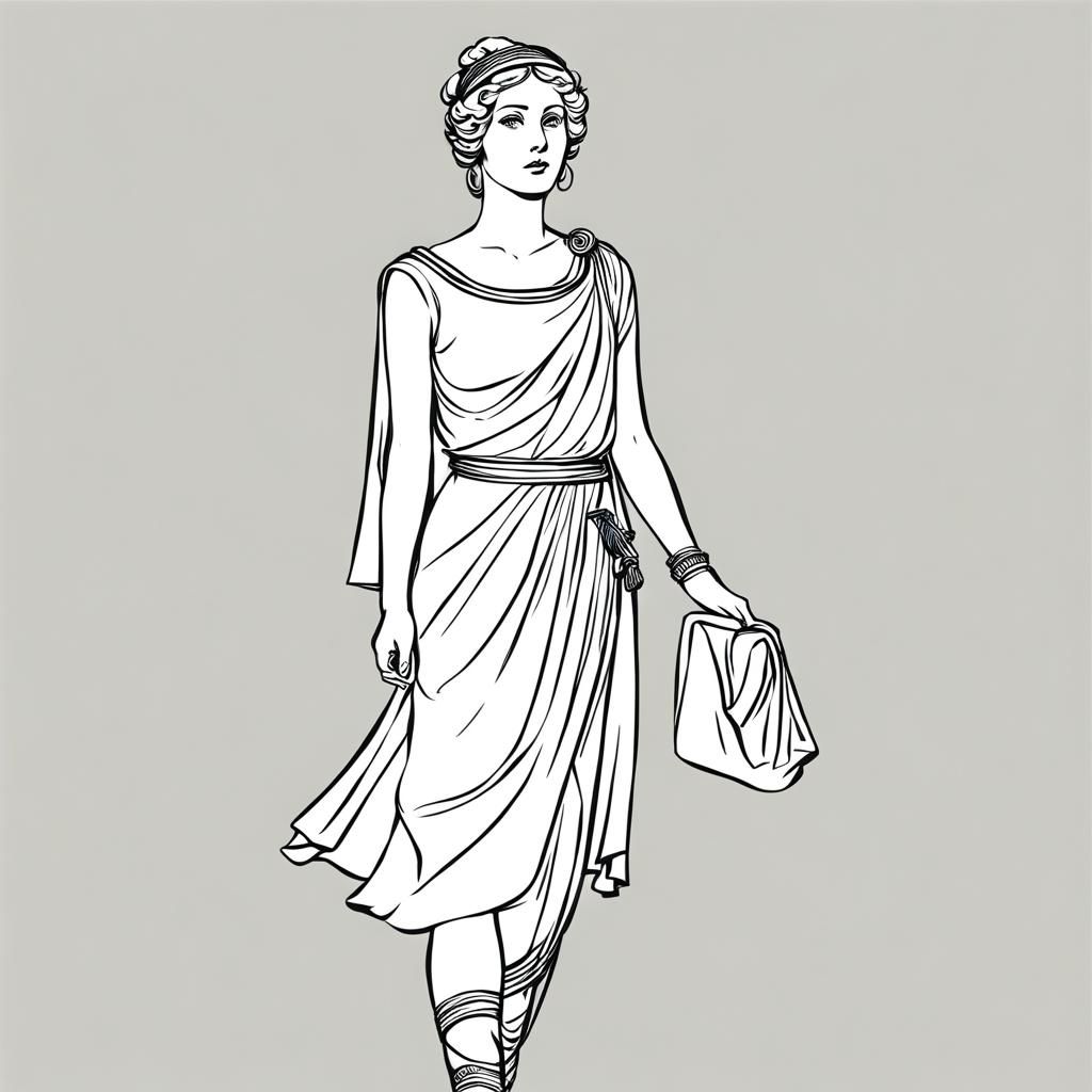 simple full-body line drawing a young roman woman in a (short-tunic:1.6) and sandals