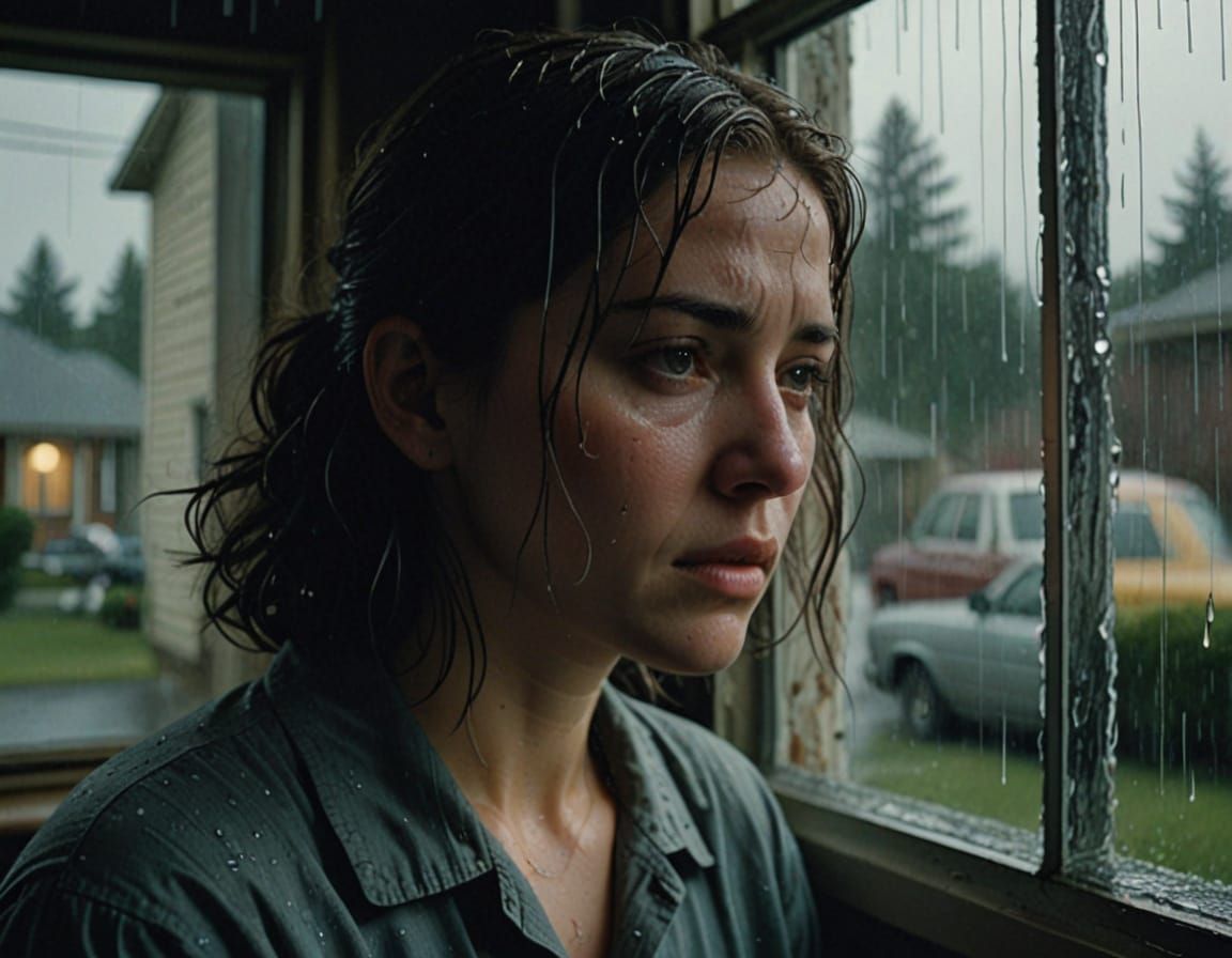 Emotional Woman Gazing Through Rain Streaked Window