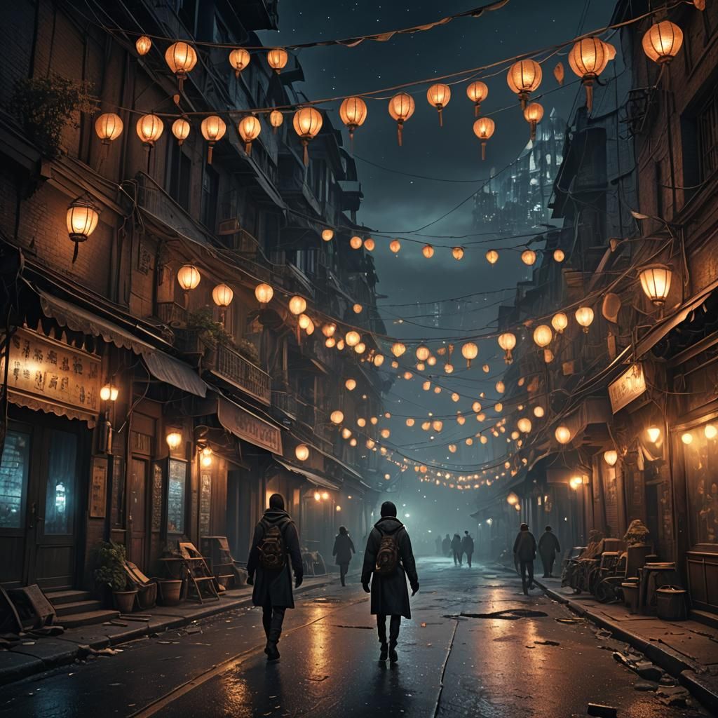Dystopian Street at Night with Lantern Streamers