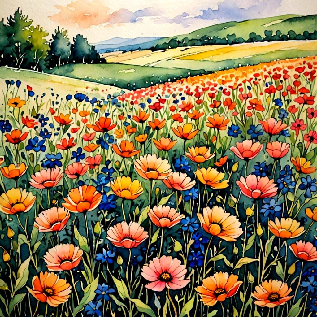 Beautiful Watercolour Flower Field Masterpiece