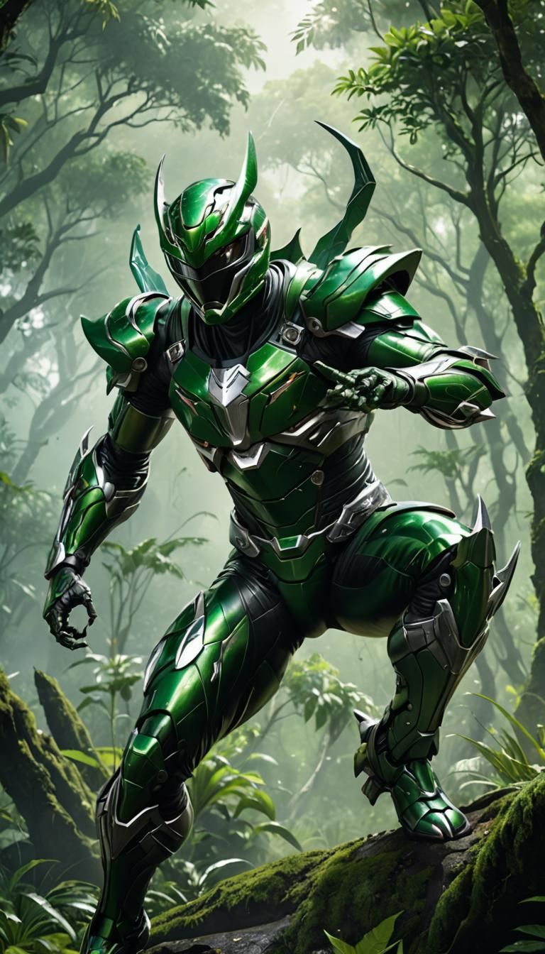Photorealistic full body portrait of a Scyther-Inspired Power Ranger, showcasing a sleek metallic green and silver suit ...