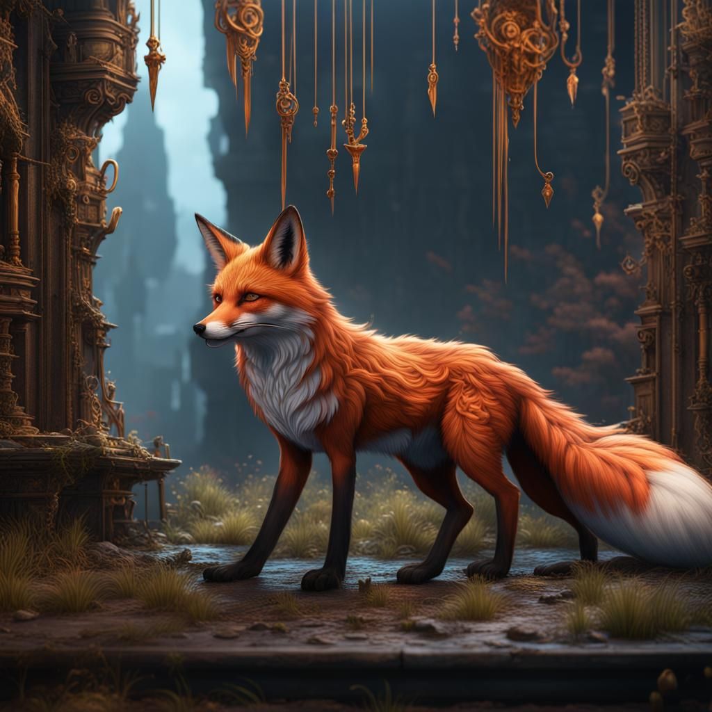 Fantastical Detailed Fox Painting in Deep Color