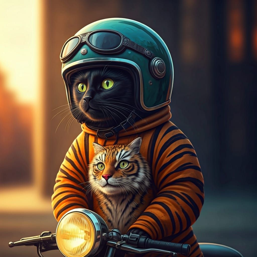 Biker Cat in Surreal Neon Dreamscape