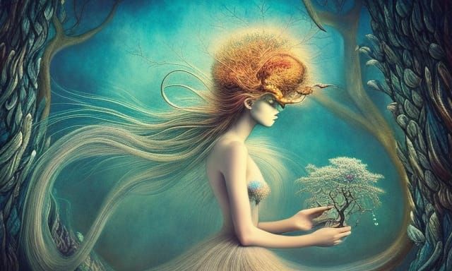 Surreal Woman in Sun and Moon Clouds