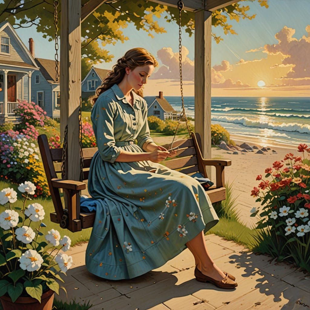 Folk Artist Paints Whimsical Beach Scene in Warm, Golden Lig...