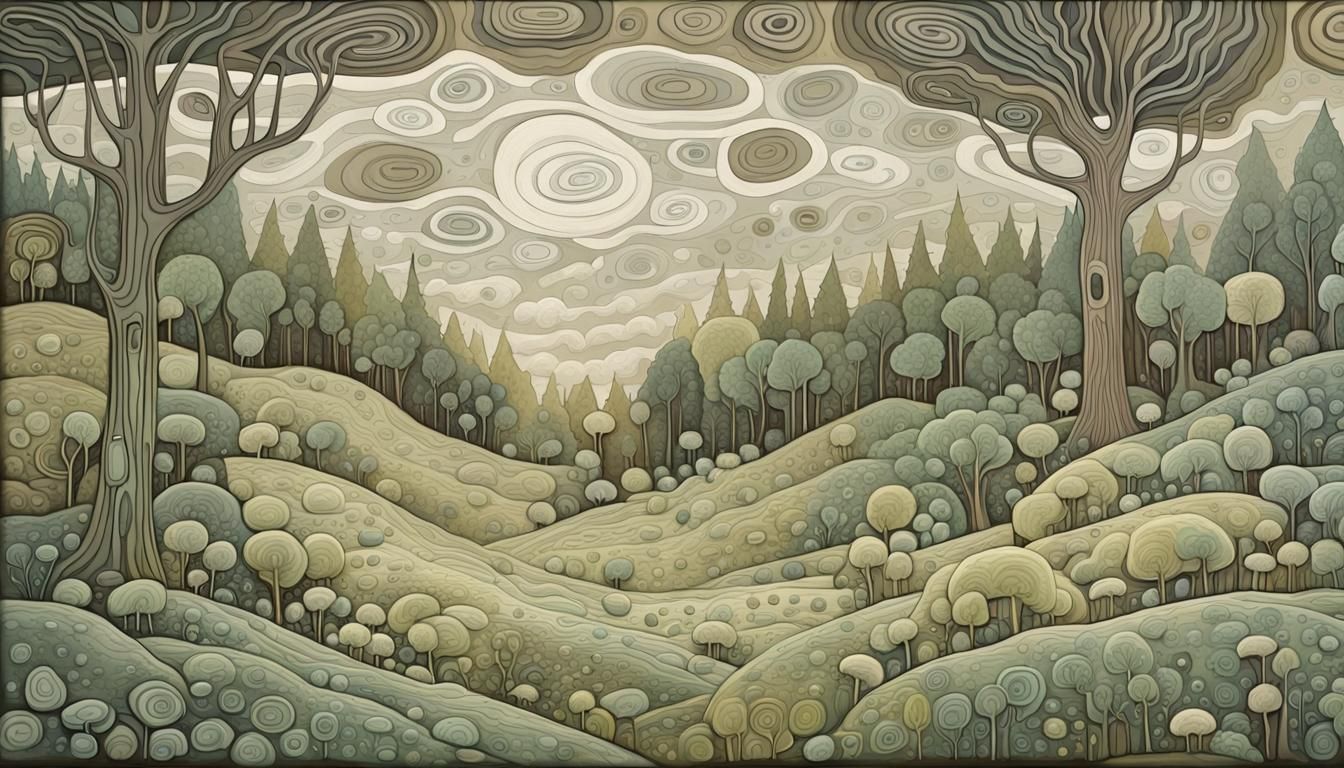 Monochrome Woodland Scene in Hundertwasser Style