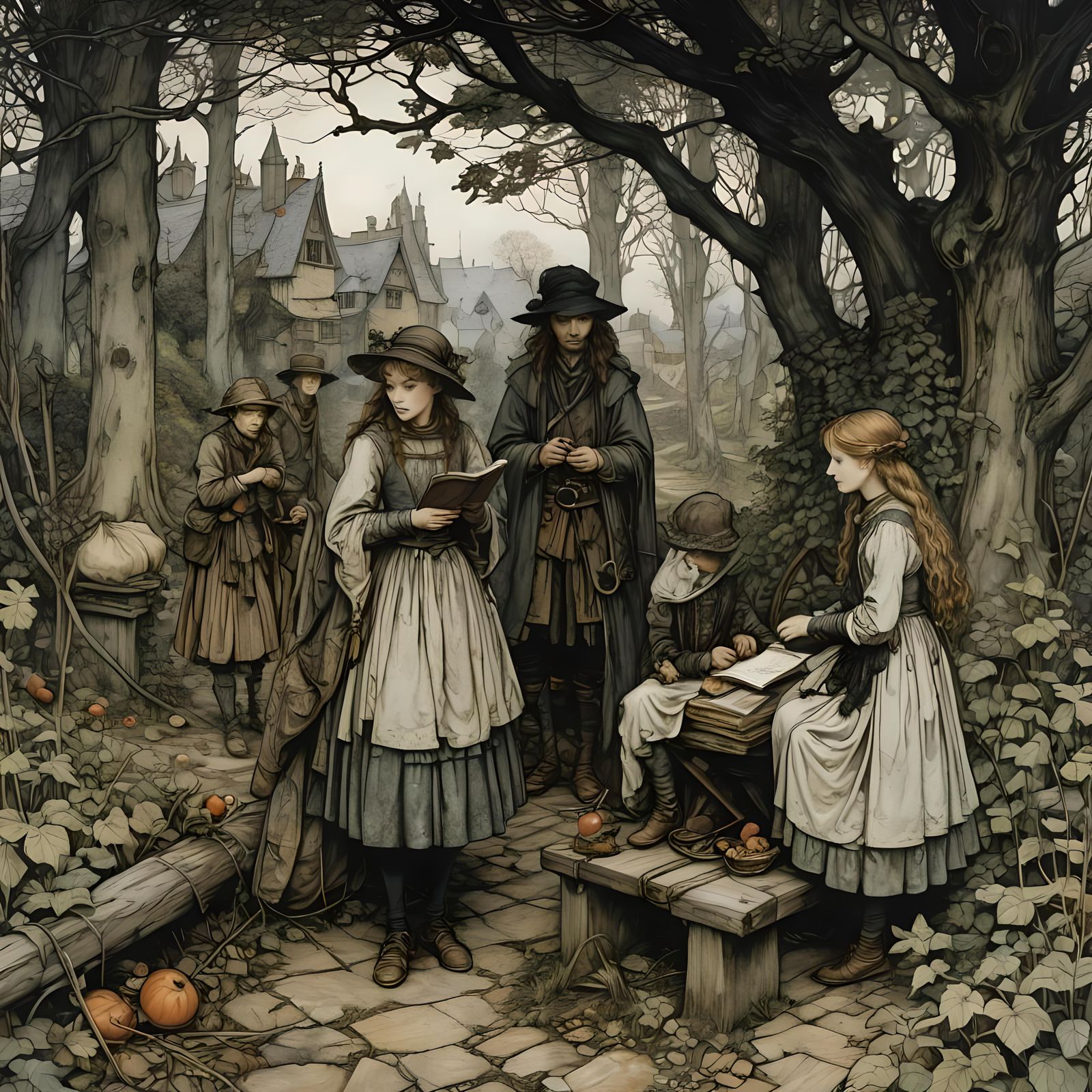 Detailed Fairy Tale Scene in Classic Illustration Style