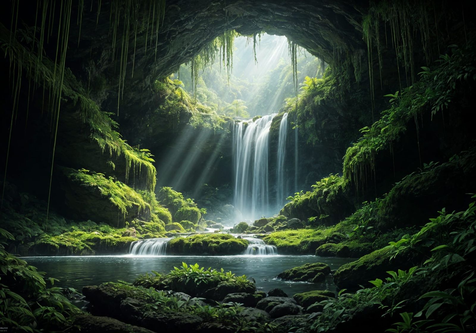 Lush Underground Cavern with Sunlight, Fantasy Art