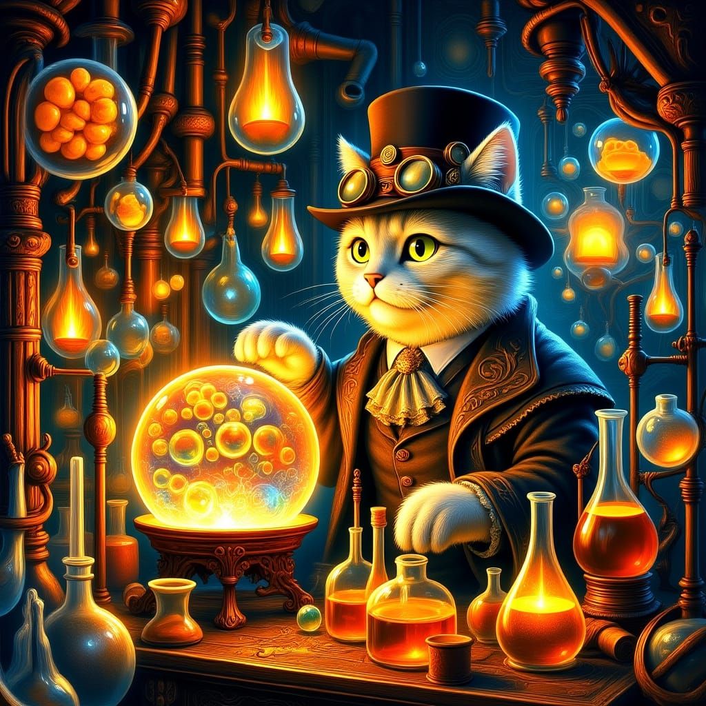 Cat Alchemist in Steampunk Lab with Philosopher's Stone