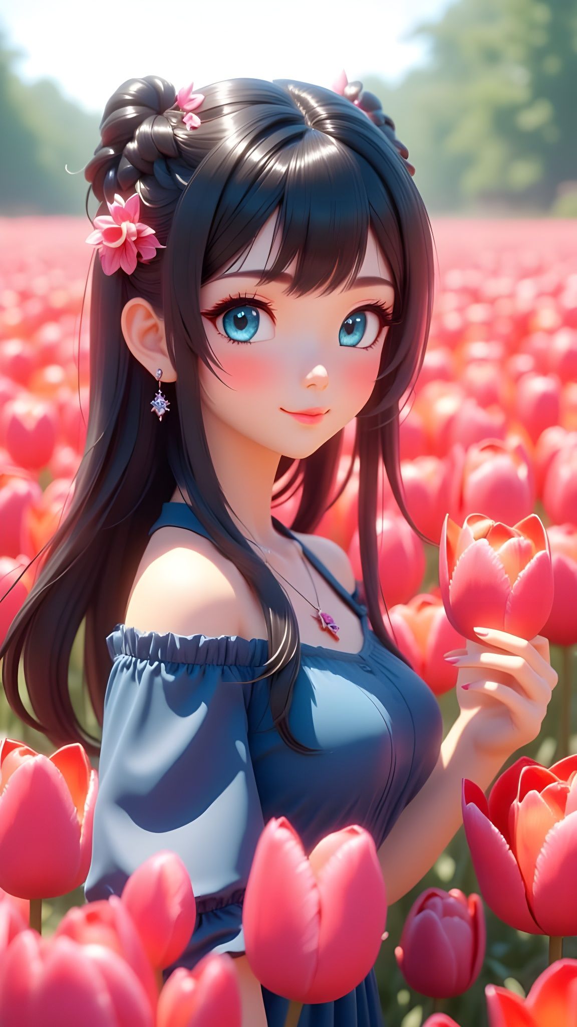 Anime Woman in Tulip Field, Detailed 8K