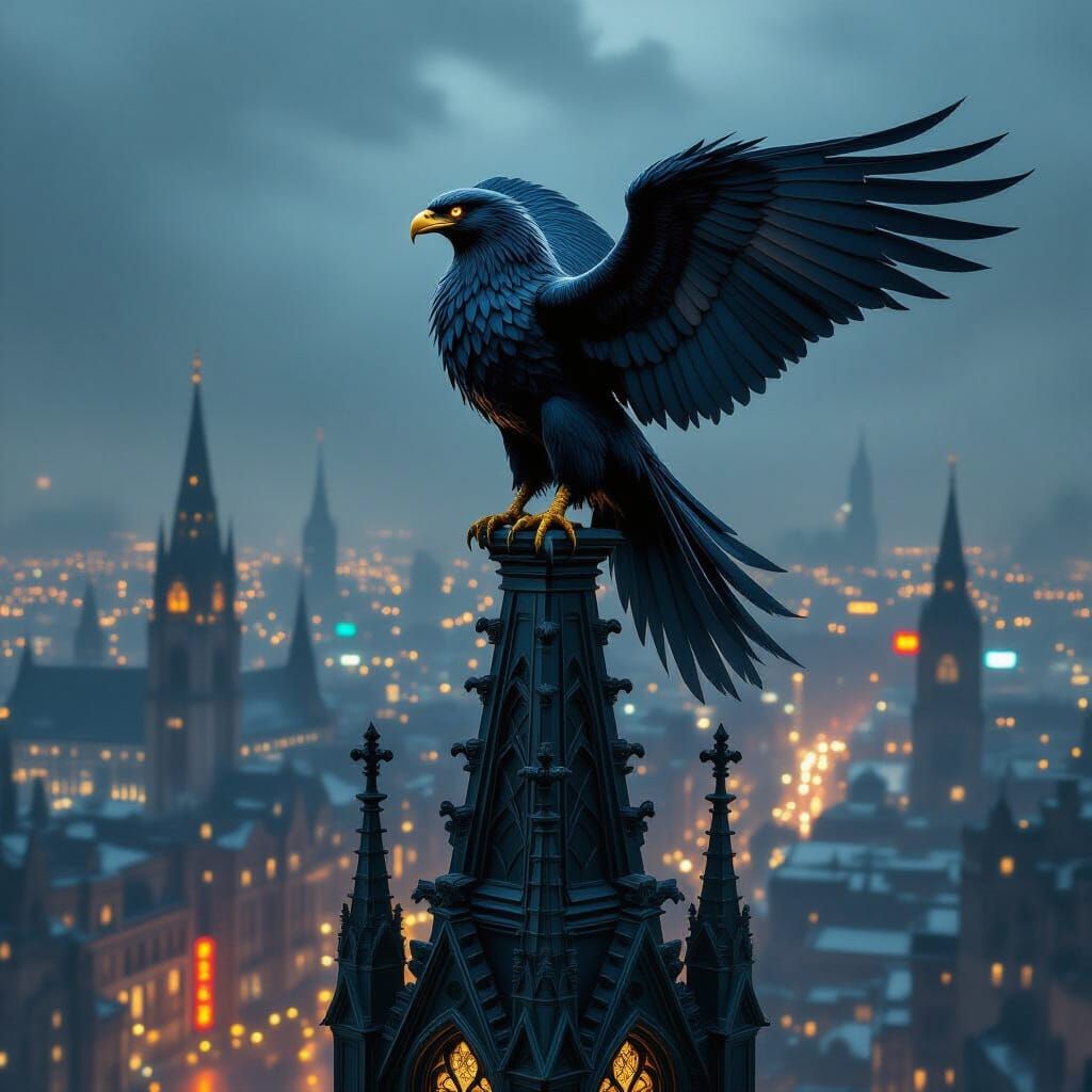 Majestic Griffin on Gothic Spire Over Neon Cityscape