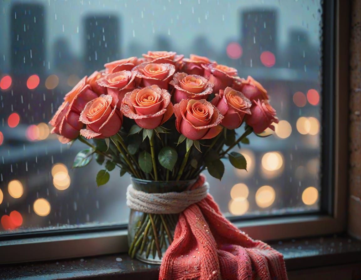 Romantic Bouquet by Rainy Window in Cozy City Aesthetic