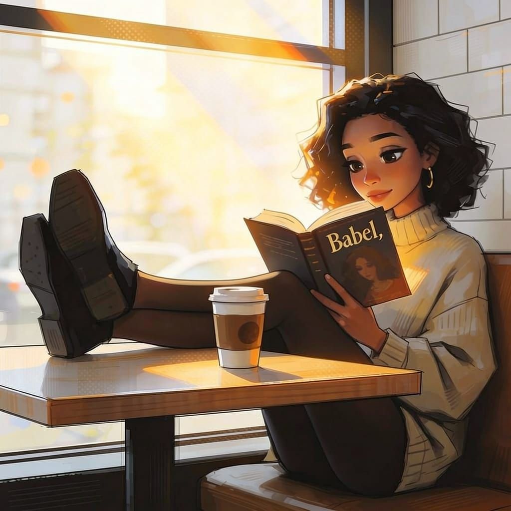 Woman Reading in Sunlit Cafe, Digital Art