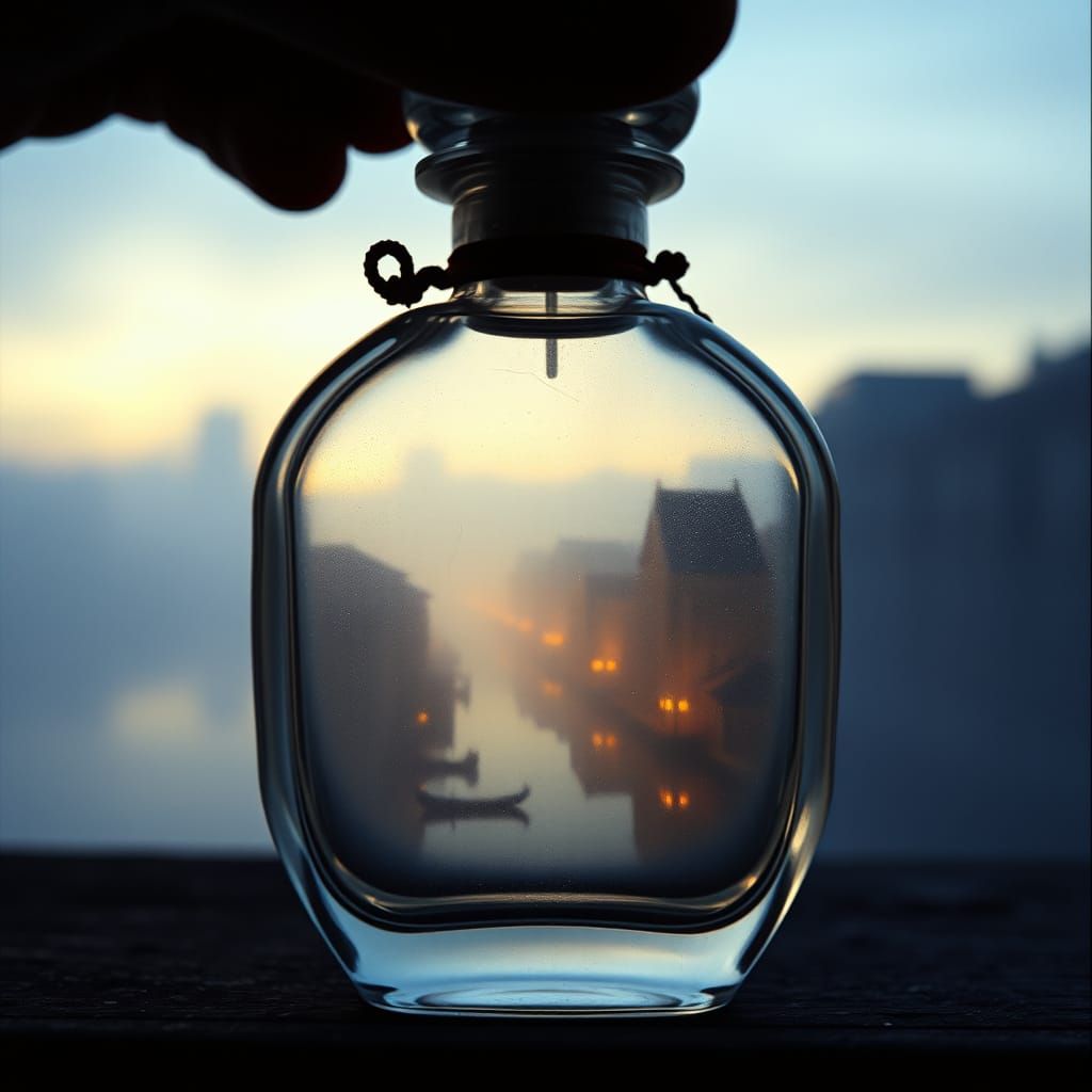Miniature Cityscape in Perfume Bottle, Cinematic Style