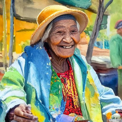 Smiling Tribal Woman Smoking: Gouache Watercolor Painting