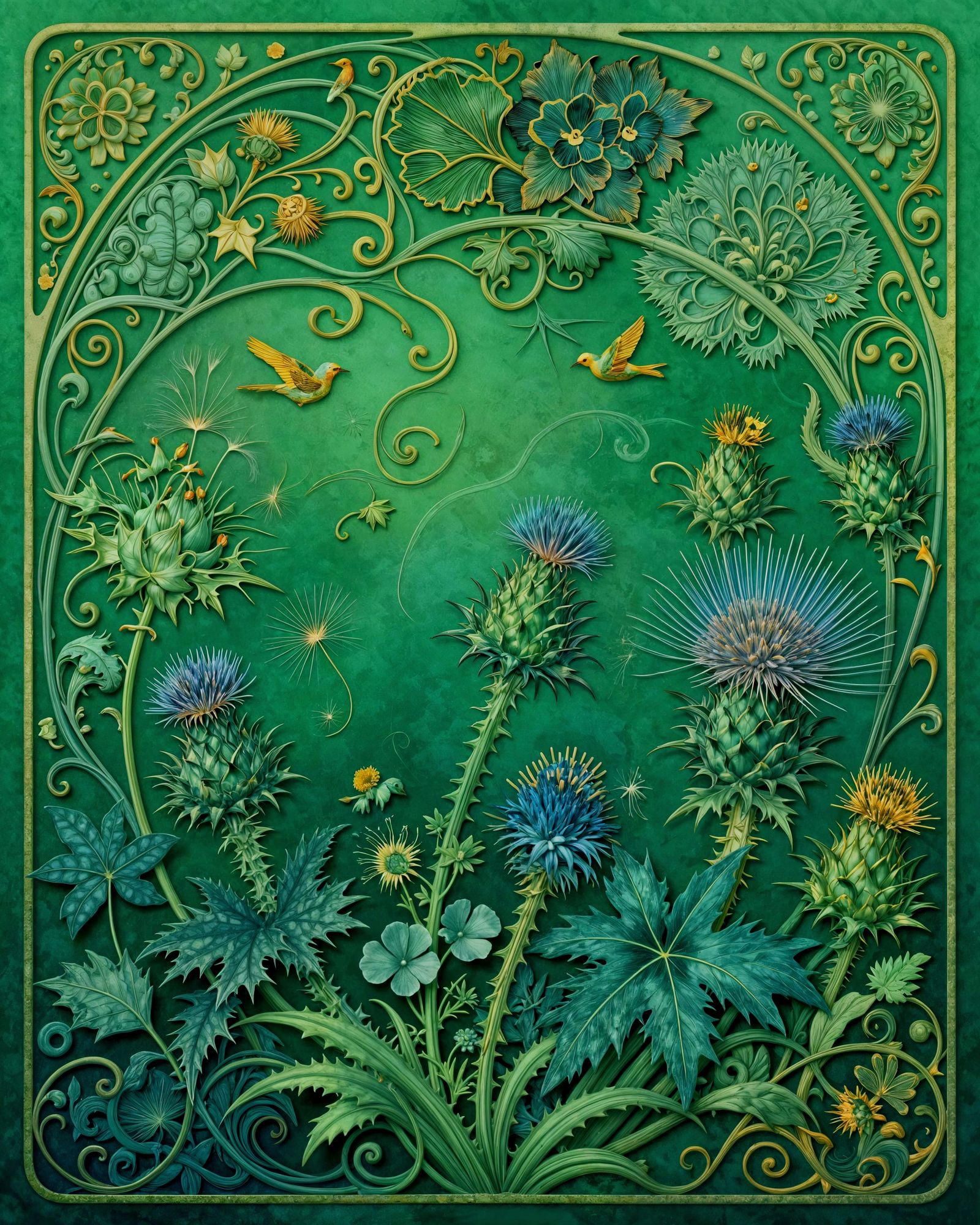 Art Nouveau Garden Masterpiece in Teal and Gold
