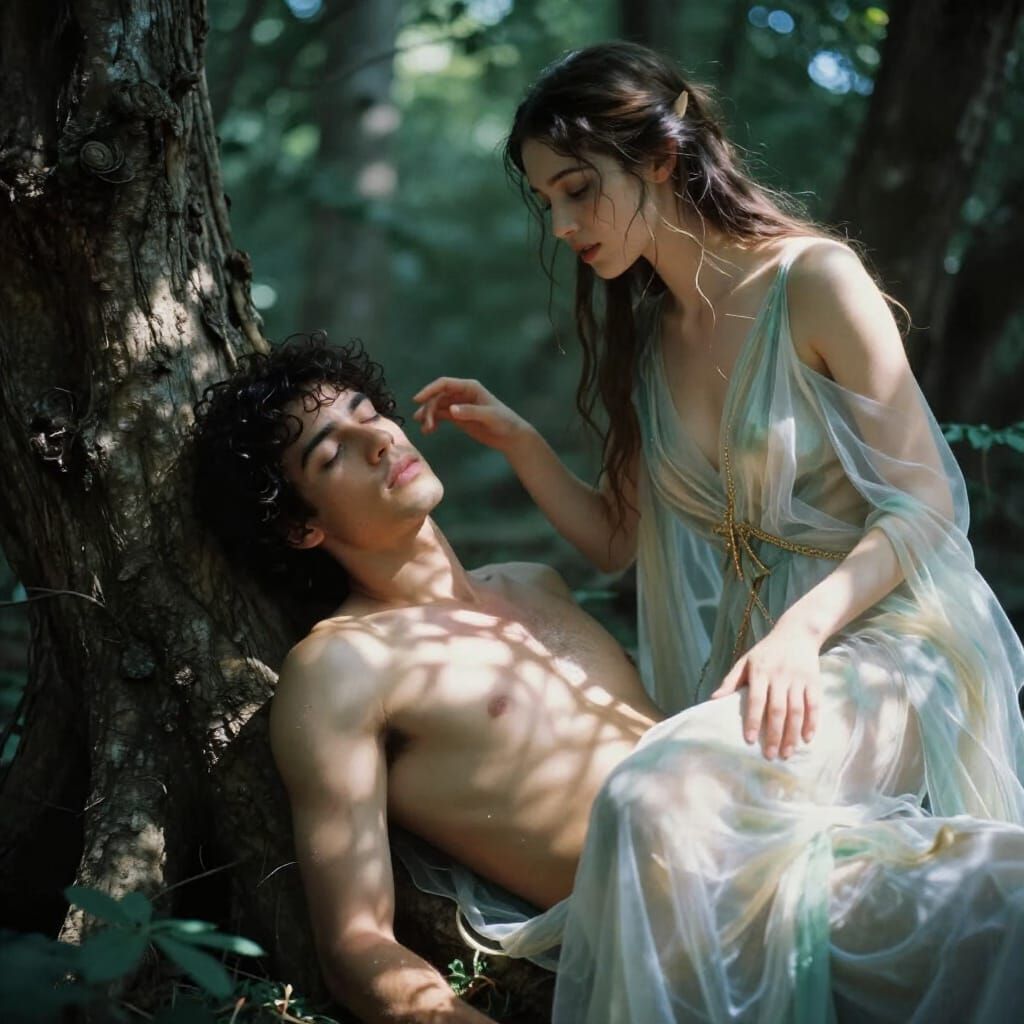 Man Dreams Under Tree As Ethereal Dryad Approaches