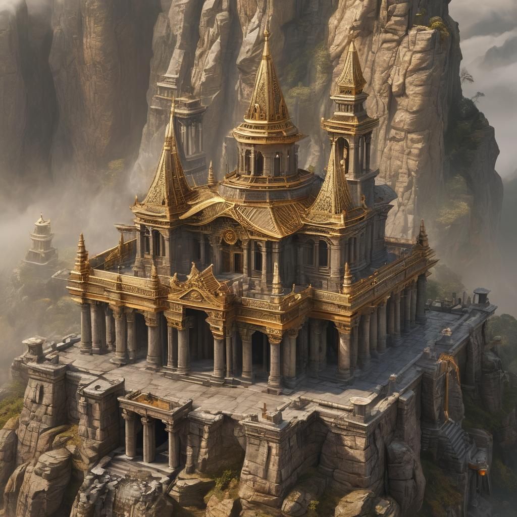 Ethereal Temple Fortress in Misty Mountains