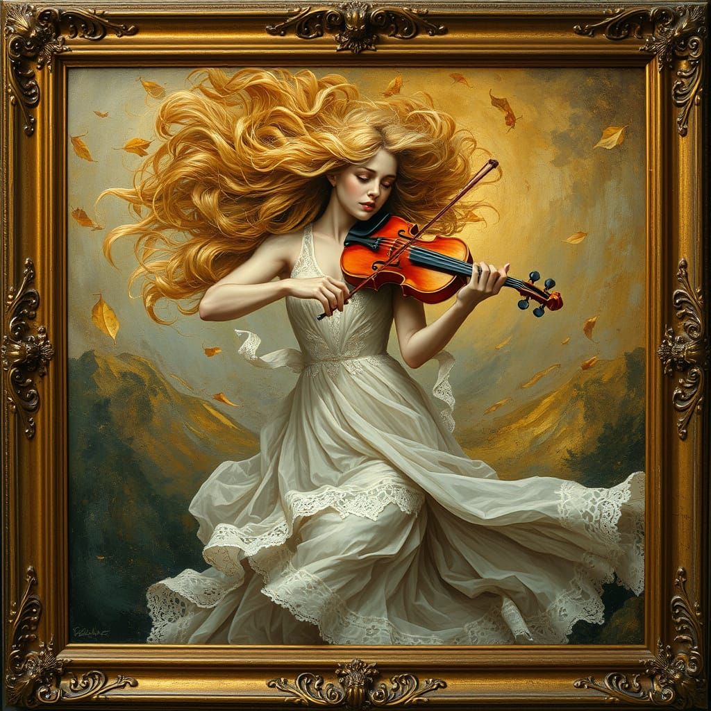 Golden Goddess Plays Violin in a Dreamlike Landscape
