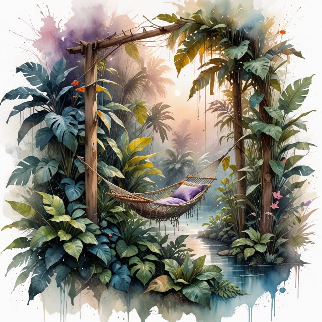 Tropical Garden Shower at Dusk: Watercolour Painting