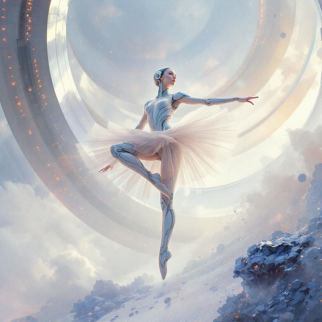Cyborg Ballerina Leaping Over Molten Sea