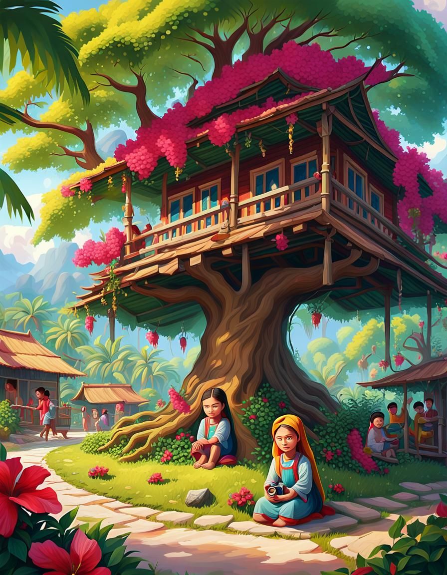 a peaceful Malaysian village.gPlace a traditional Malay wood...