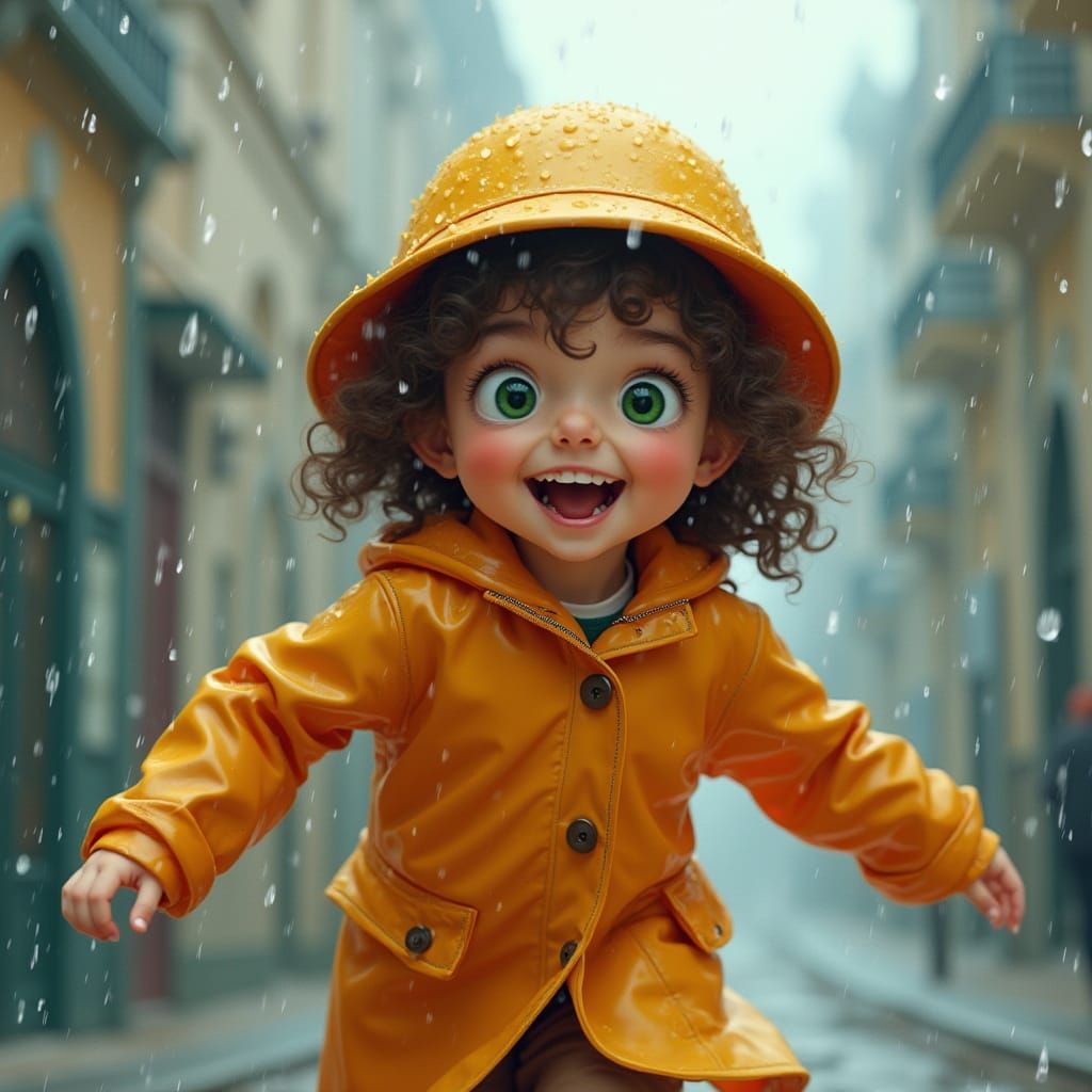 Joyful Boy in Rain, Art Nouveau Style