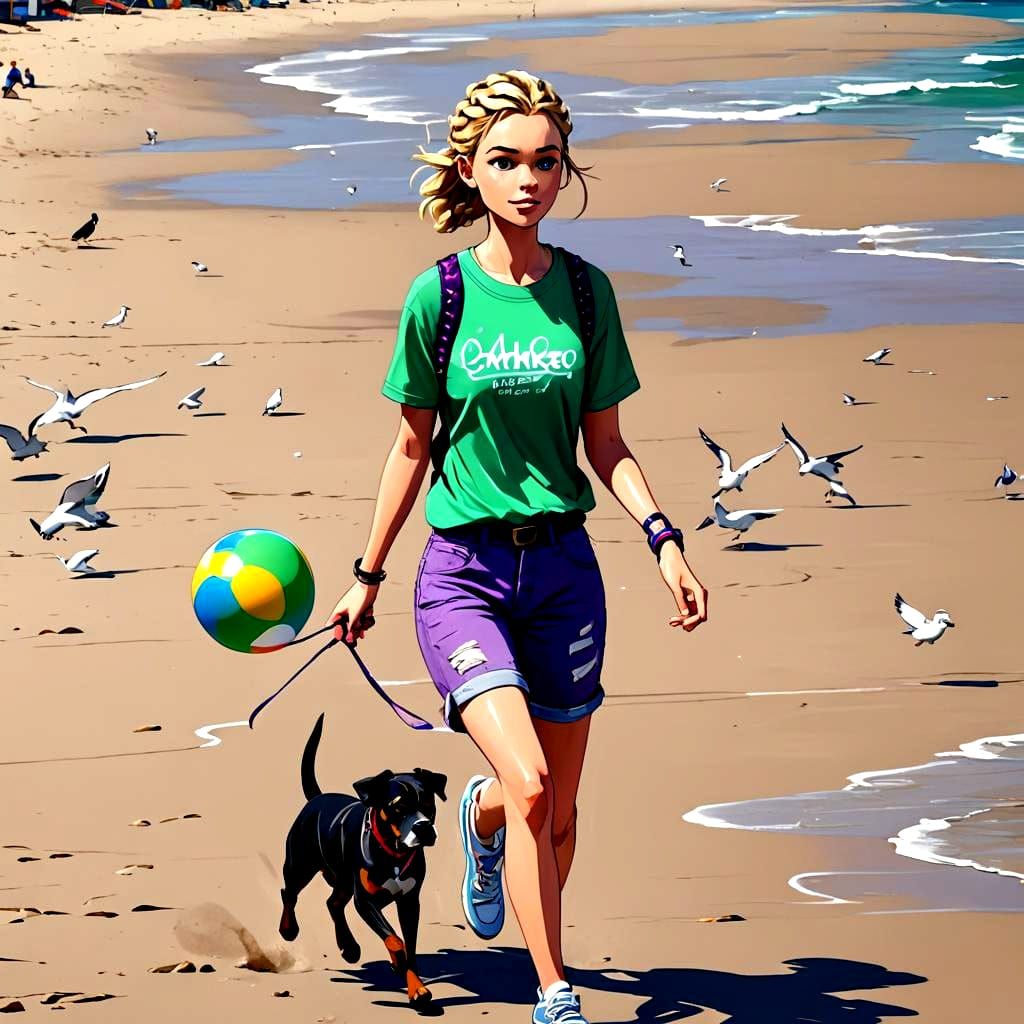 Teen Girl with Puppy on Beach in 2D Animation