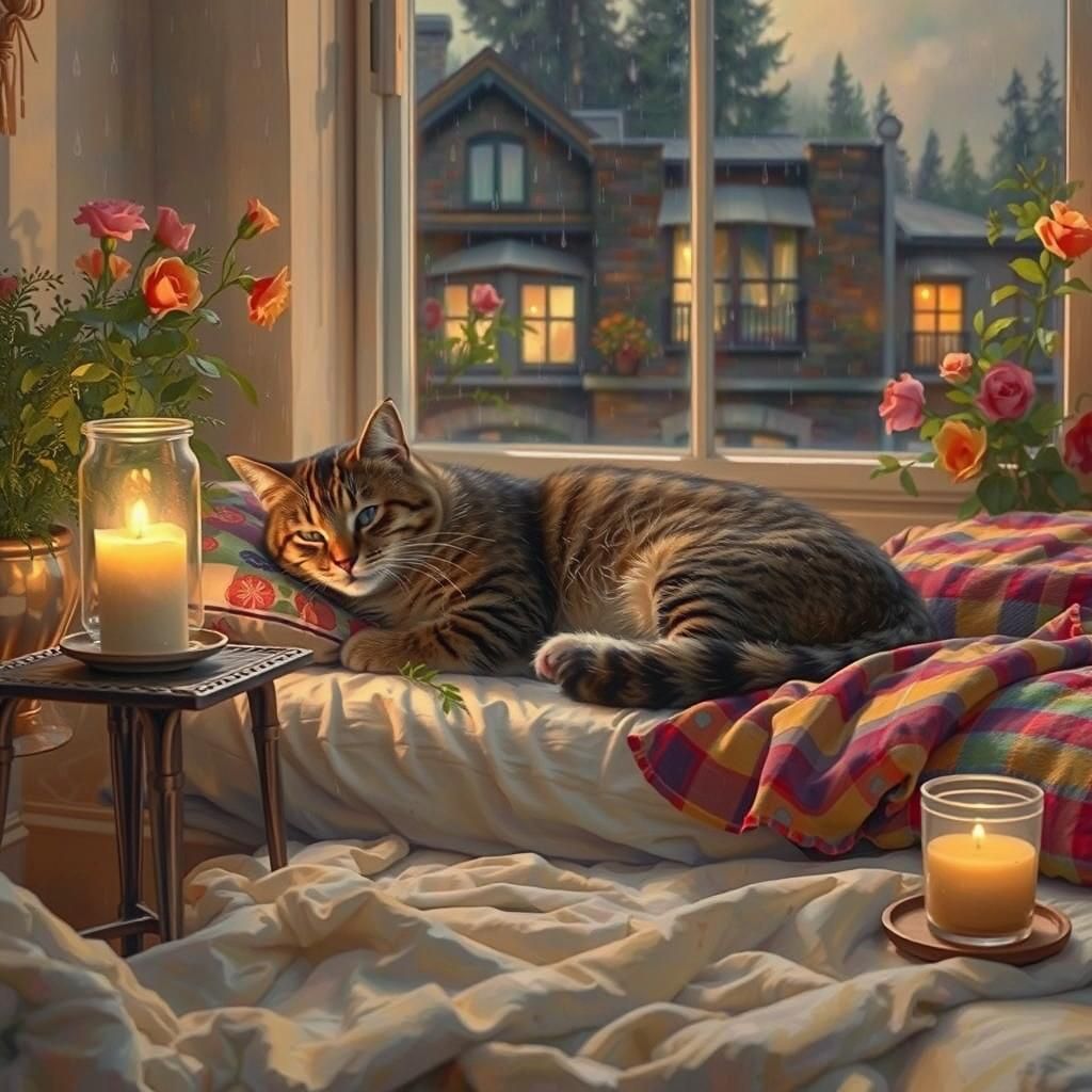 Cozy Bedroom with Cat in Impressionist Style