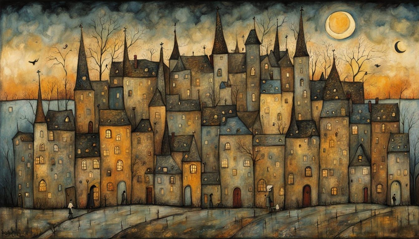 Dreamlike Cityscape in Whimsical Folk Art Style