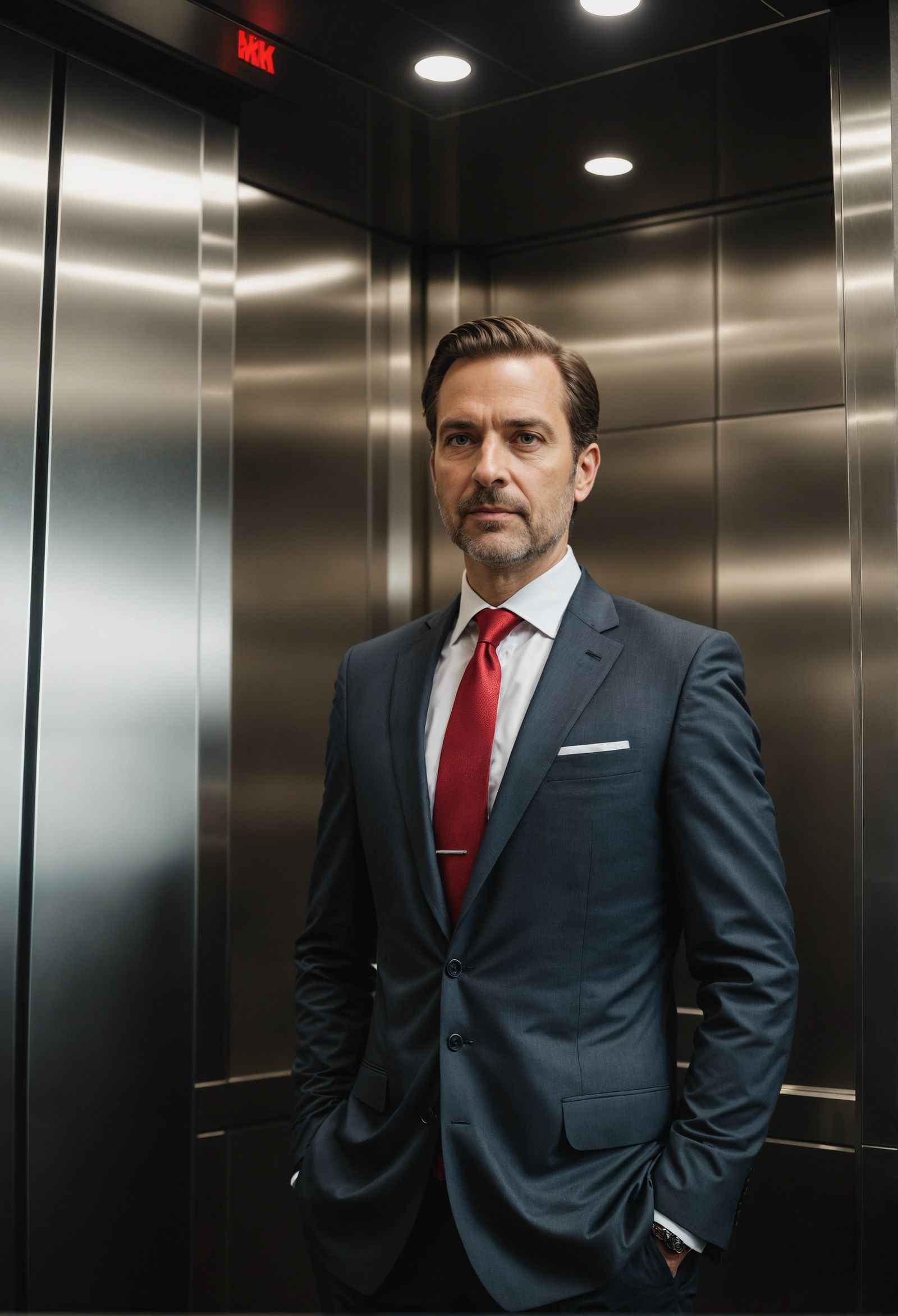 Executive in Elevator: Hyperrealistic Office Portrait
