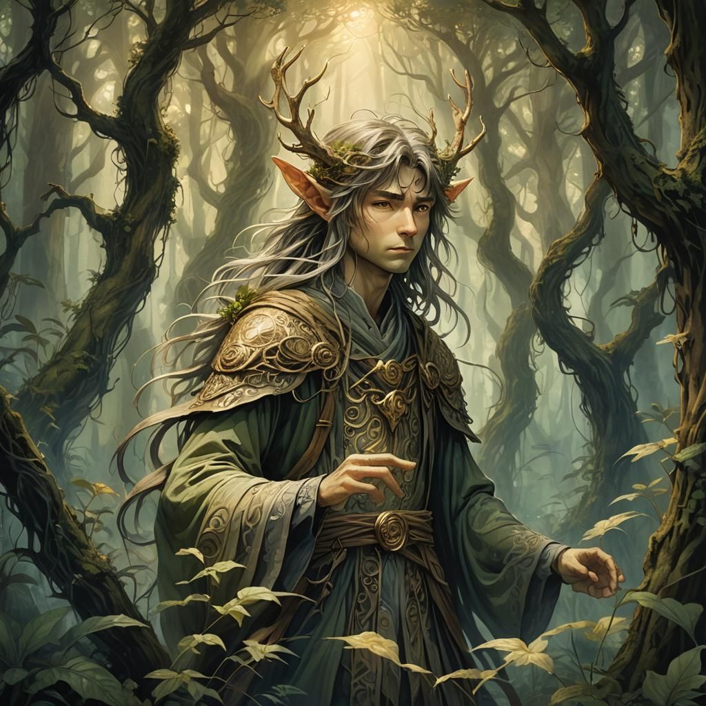 Anime Character in Mystical Forest, Fantasy Illustration