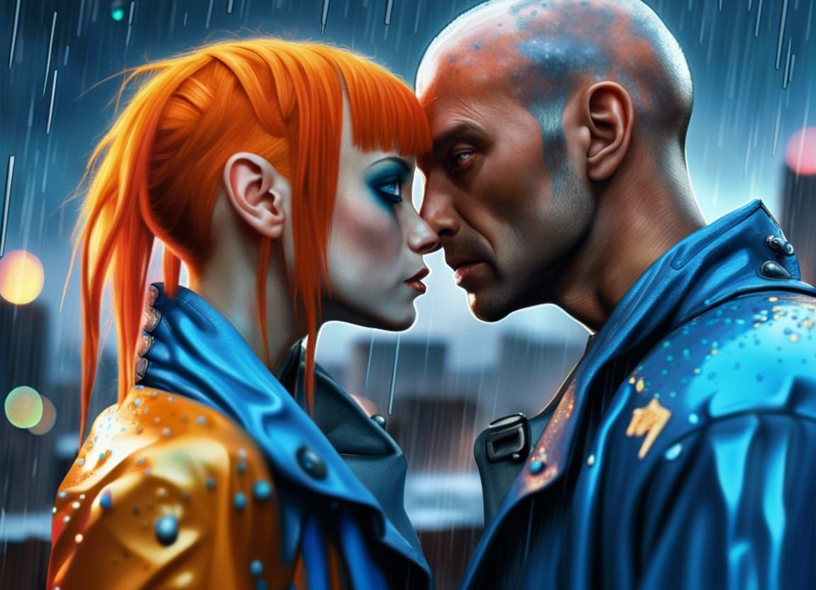 Korben and Leeloo Kiss in Cyberpunk Rain