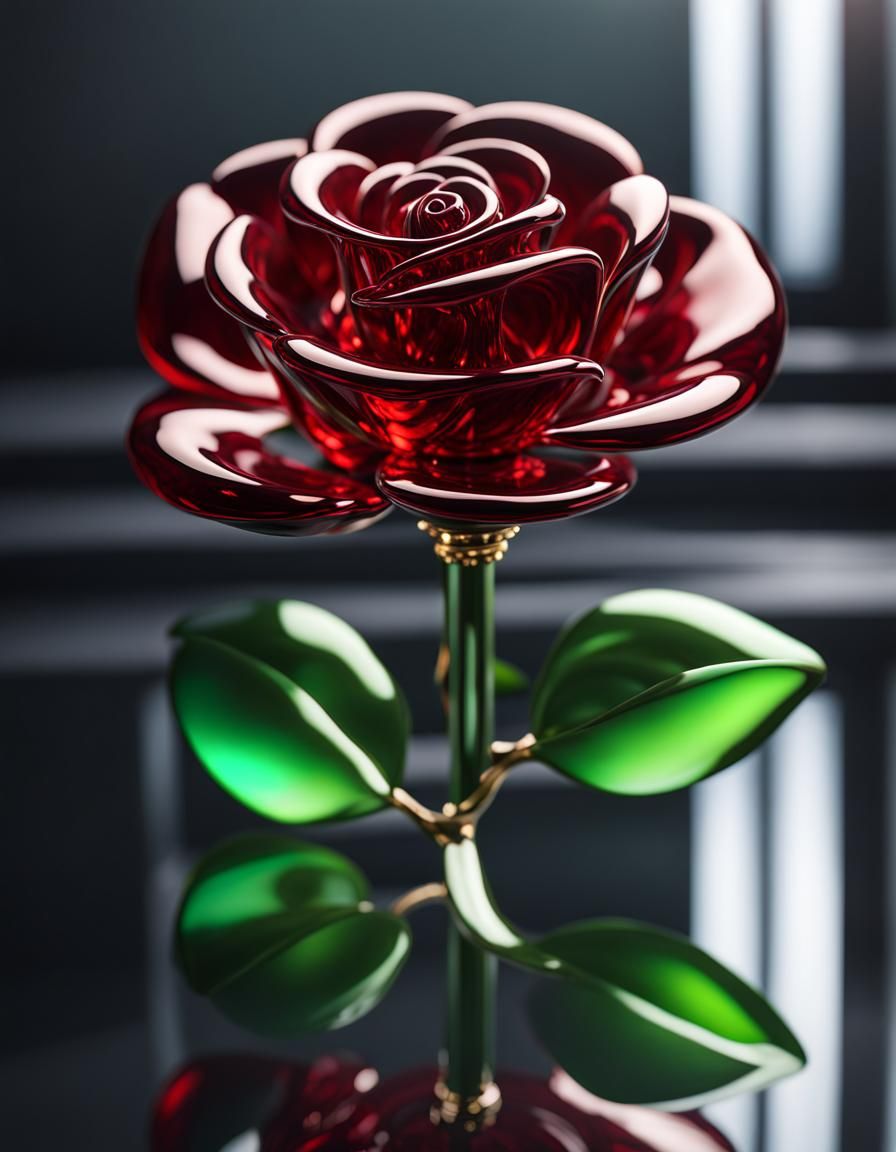 Red Glass Rose Figurine on Mirrored Surface