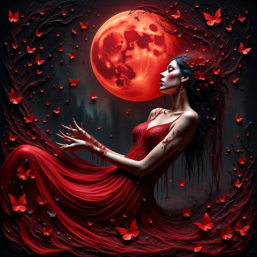 Vampire Woman Under Red Moon With Teardrop